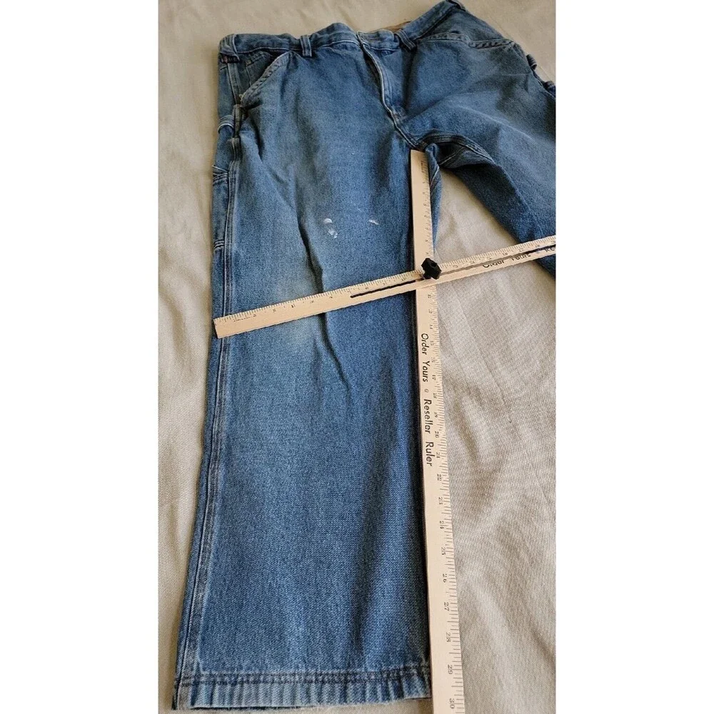 Duluth Mens Jeans 42x30 High Rise Medium Blue‎ Farmer Work Spatter Paint READ